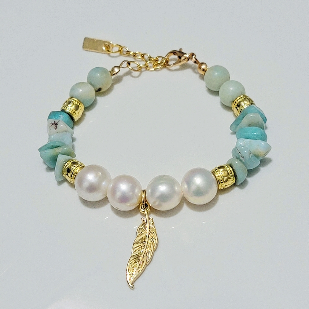 Genuine Pearl and Semiprecious Amazonite Beaded Bracelet With 14kt Gold Feather
